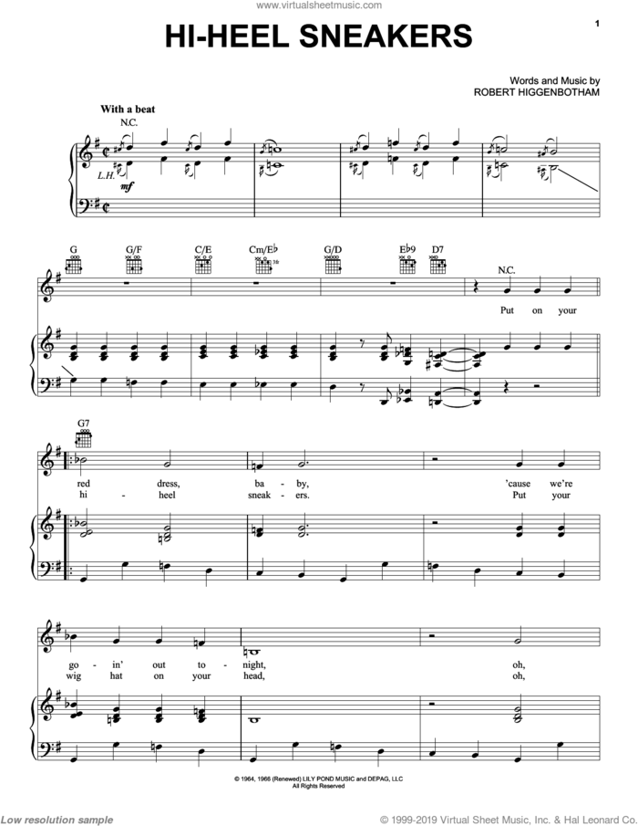 Hi-Heel Sneakers sheet music for voice, piano or guitar by Tommy Tucker, Jerry Lee Lewis, Jose Feliciano, Pinetop Perkins, Stevie Wonder and Robert Higginbotham, intermediate skill level