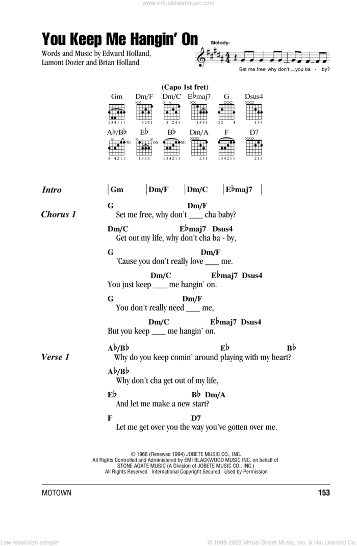 You Keep Me Hangin' On sheet music for guitar (chords) by The Supremes, Diana Ross, Brian Holland, Eddie Holland and Lamont Dozier, intermediate skill level