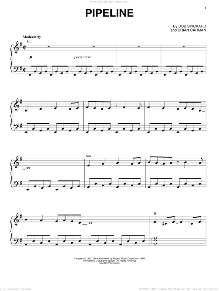 Pipeline sheet music for piano solo by The Chantays, Stevie Ray Vaughan, Bob Spickard and Brian Carman, intermediate skill level