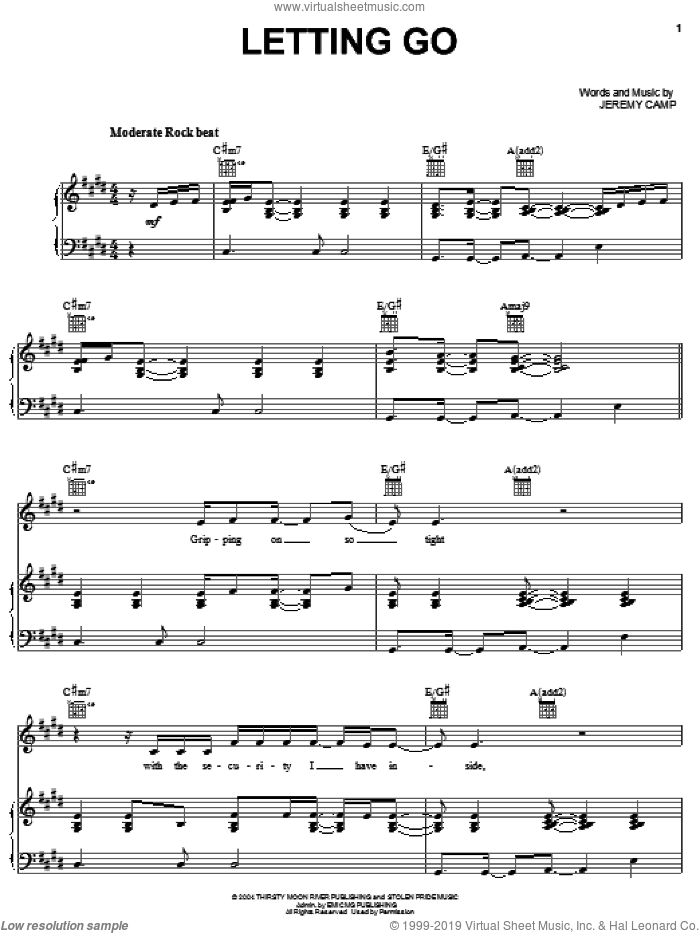 Letting Go sheet music for voice, piano or guitar by Jeremy Camp, intermediate skill level
