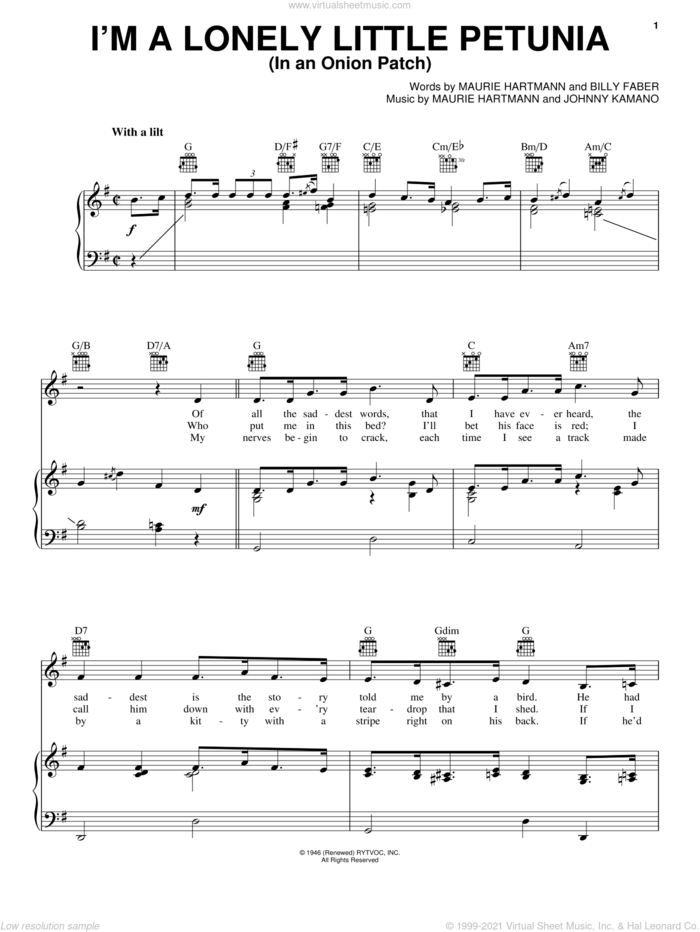 I'm A Lonely Little Petunia (In An Onion Patch) sheet music for voice, piano or guitar by Maurie Hartmann, Billy Faber and Johnny Kamano, intermediate skill level