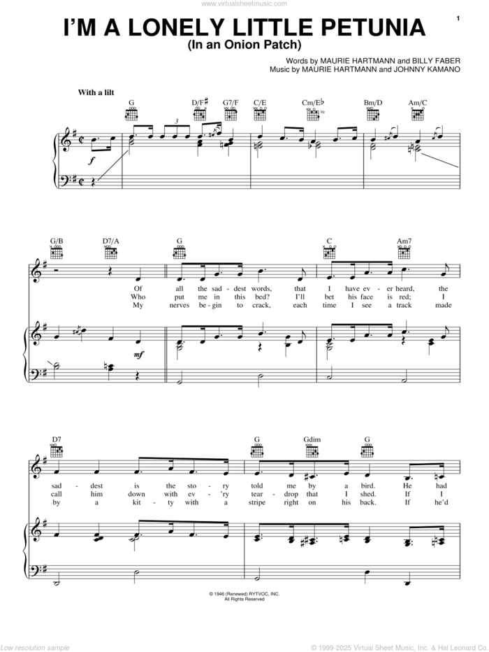 I'm A Lonely Little Petunia (In An Onion Patch) sheet music for voice, piano or guitar by Maurie Hartmann, Billy Faber and Johnny Kamano, intermediate skill level