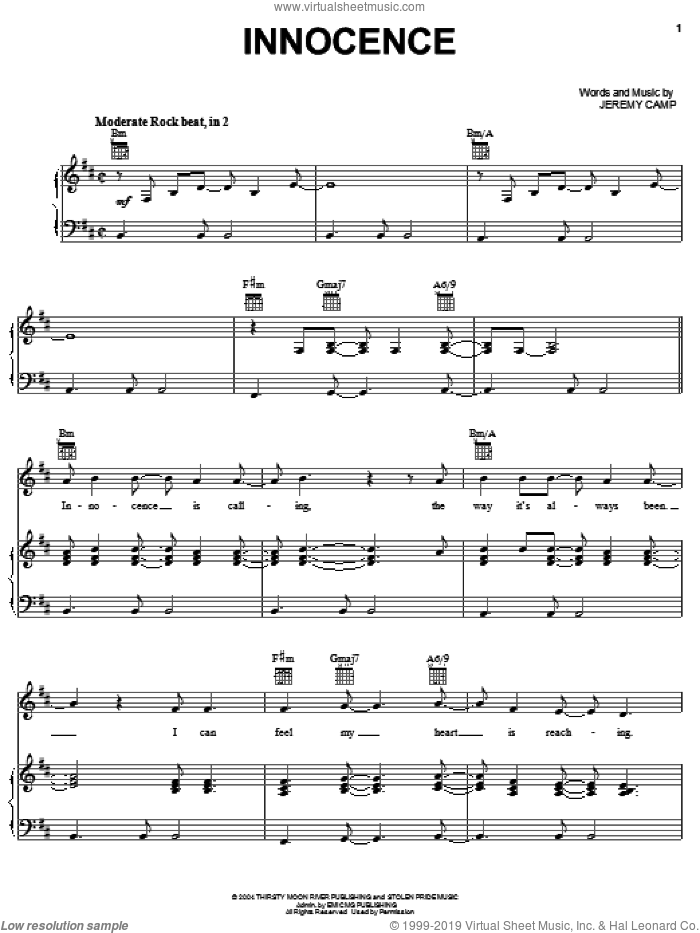 Innocence sheet music for voice, piano or guitar by Jeremy Camp, intermediate skill level
