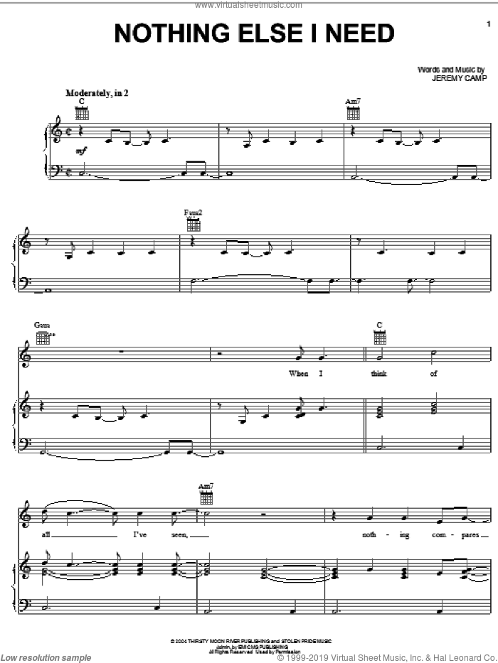 Nothing Else I Need sheet music for voice, piano or guitar by Jeremy Camp, intermediate skill level