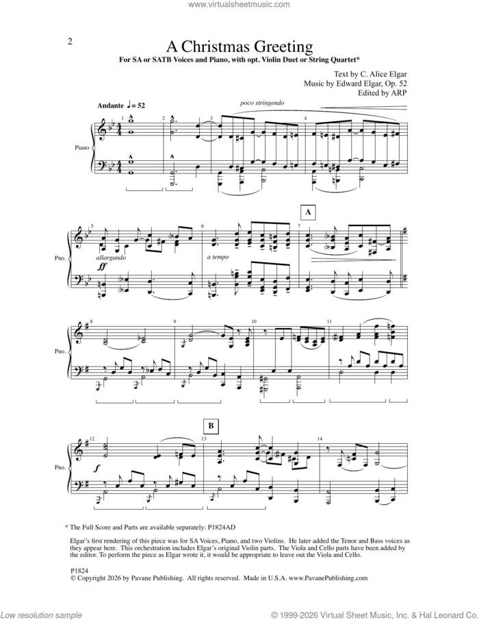 A Christmas Greeting sheet music for choir (SATB: soprano, alto, tenor, bass) by Edward Elgar and C. Alice Elgar, intermediate skill level