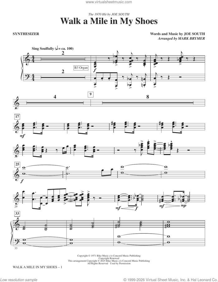 Walk A Mile In My Shoes (arr. Mark Brymer) (complete set of parts) sheet music for orchestra/band (Rhythm) by Mark Brymer and Joe South, intermediate skill level