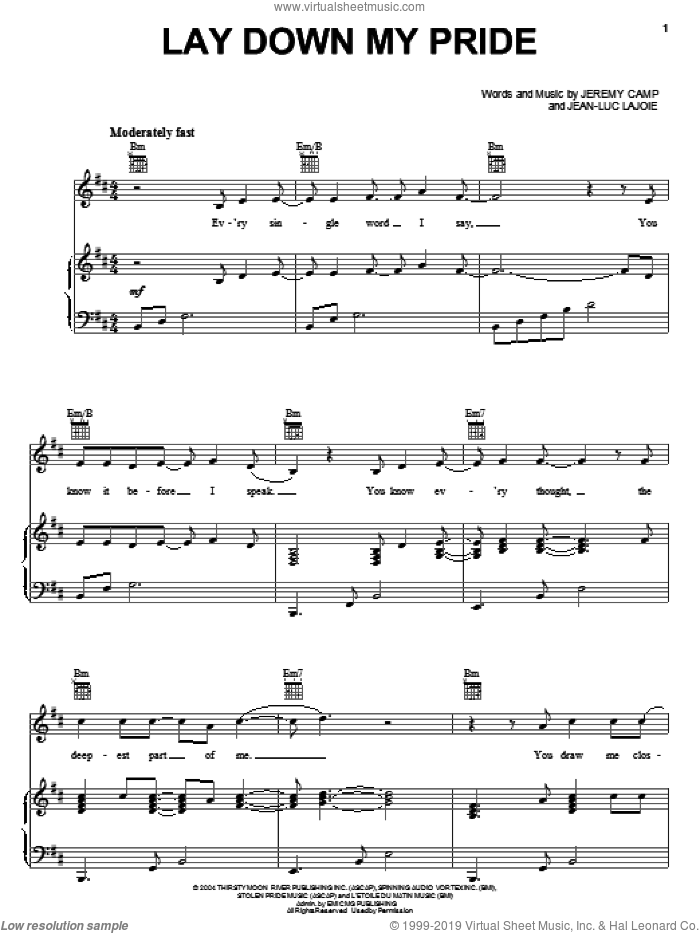 Lay Down My Pride sheet music for voice, piano or guitar by Jeremy Camp and Jean-Luc Lajoie, intermediate skill level