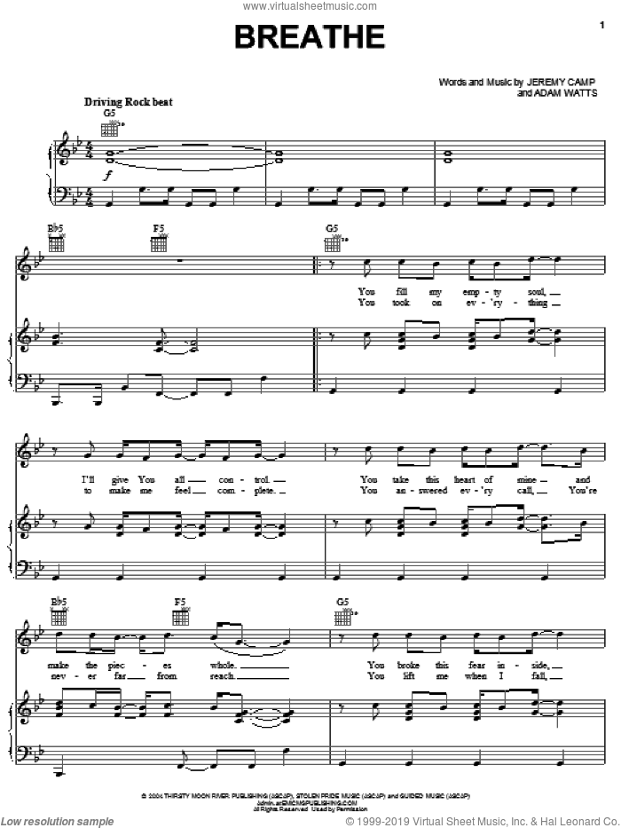 Breathe sheet music for voice, piano or guitar by Jeremy Camp and Adam Watts, intermediate skill level