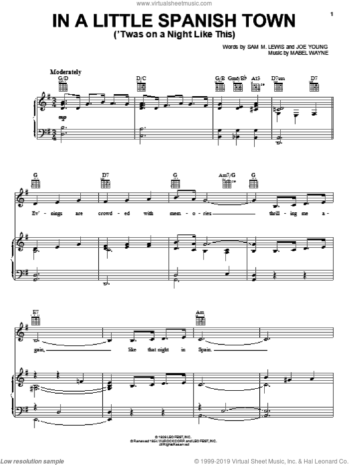 In A Little Spanish Town ('Twas On A Night Like This) sheet music for voice, piano or guitar by Yusef Lateef, Joe Young, Mabel Wayne and Sam Lewis, intermediate skill level