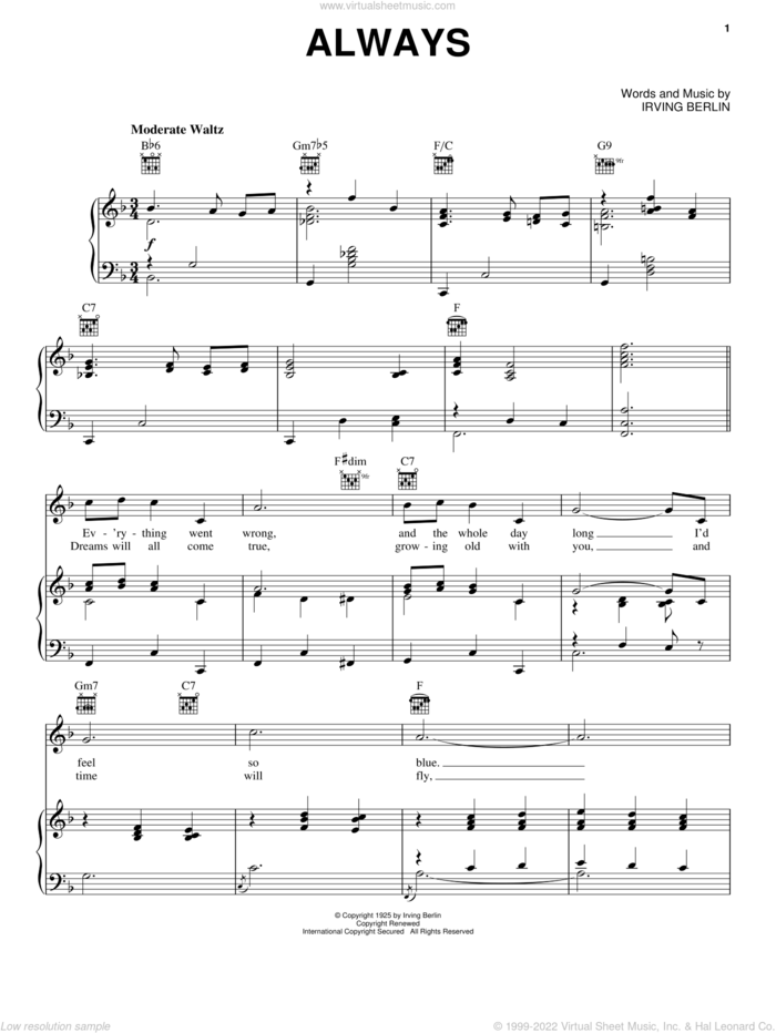 Always sheet music for voice, piano or guitar by Billie Holiday, Frank Sinatra, Patsy Cline and Irving Berlin, wedding score, intermediate skill level