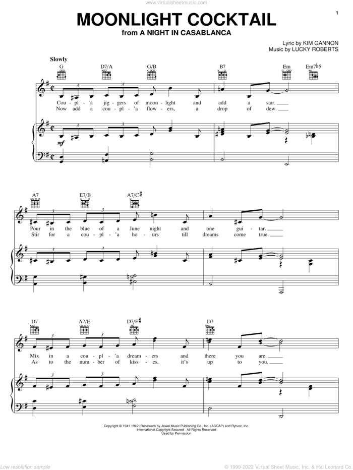 Moonlight Cocktail sheet music for voice, piano or guitar by Glenn Miller, Kim Gannon and Lucky Roberts, intermediate skill level