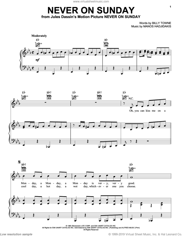 Never On Sunday sheet music for voice, piano or guitar by Manos Hadjidakis, Lena Horne, The Chordettes and Billy Towne, intermediate skill level