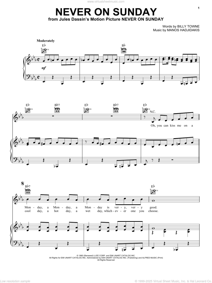 Never On Sunday sheet music for voice, piano or guitar by Manos Hadjidakis, Lena Horne, The Chordettes and Billy Towne, intermediate skill level