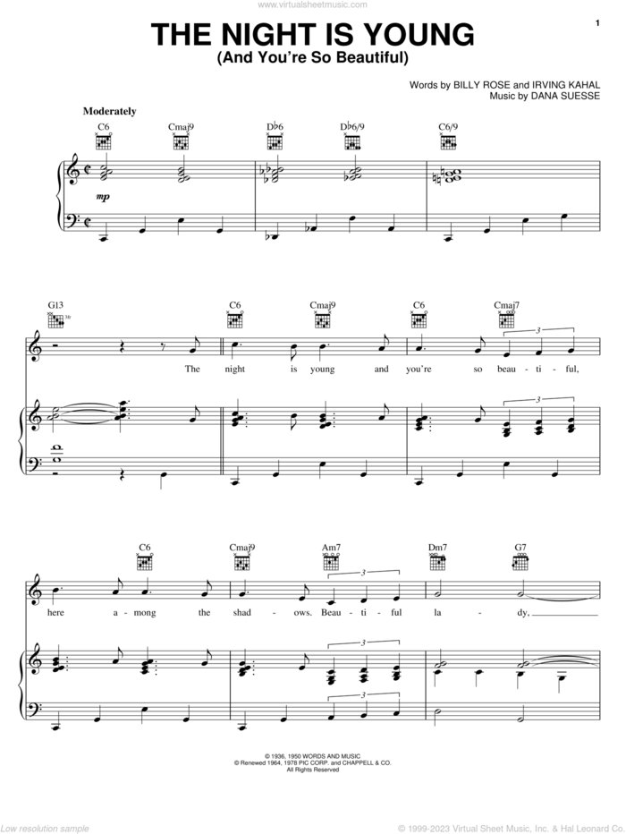 The Night Is Young (And You're So Beautiful) sheet music for voice, piano or guitar by Irving Kahal, Dean Martin, Frank Sinatra, Billy Rose and Dana Suesse, intermediate skill level