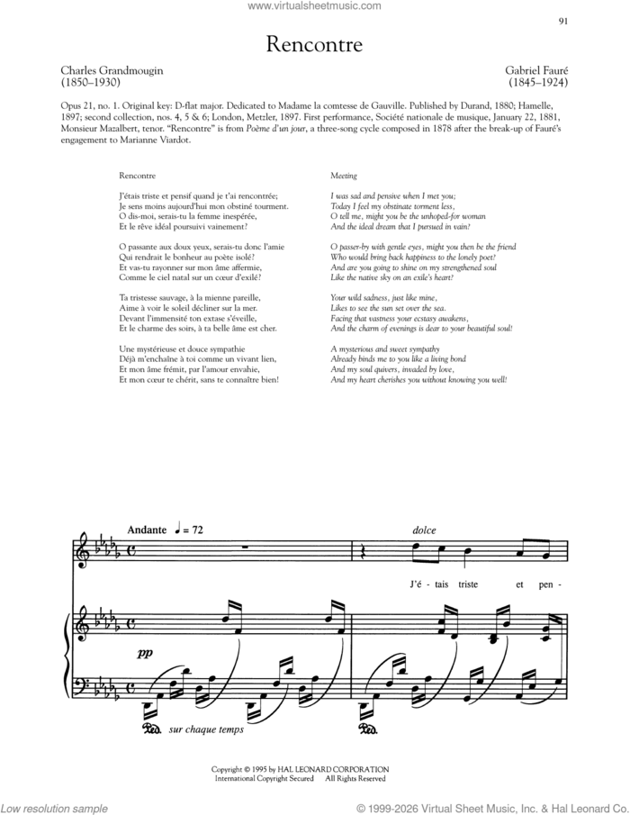 Poeme D'Un Jour: Recontre (High Voice) sheet music for voice and piano (High Voice) by Gabriel Faure and Charles Grandmougin, classical score, intermediate skill level