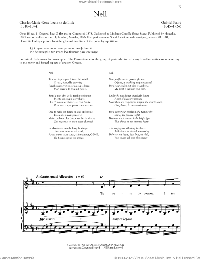 Nell (Low Voice) sheet music for voice and piano (Low Voice) by Gabriel Faure and Leconte de Lisle, classical score, intermediate skill level