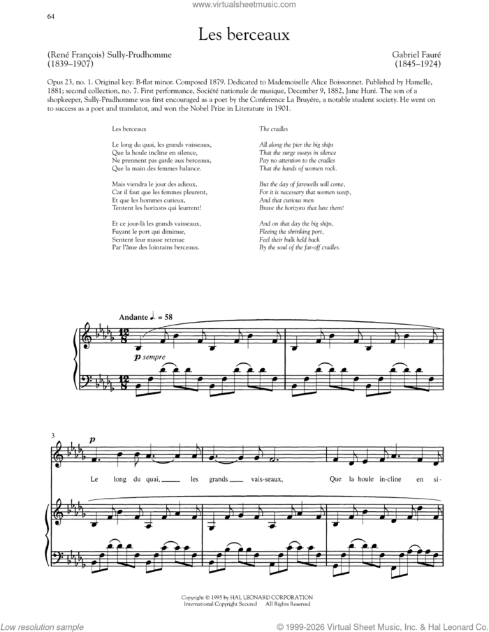 Les Berceaux (Low Voice) sheet music for voice and piano (Low Voice) by Gabriel Faure and Sully-Prudhomme, classical score, intermediate skill level