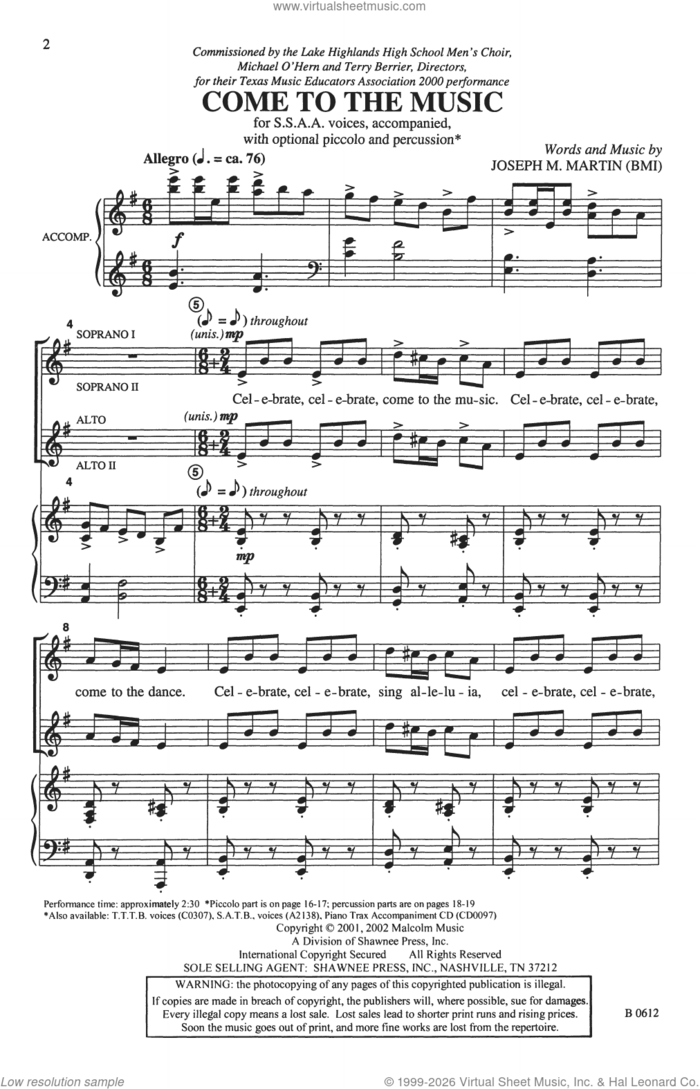 Come To The Music sheet music for choir (SSAA: soprano, alto) by Joseph M. Martin, intermediate skill level