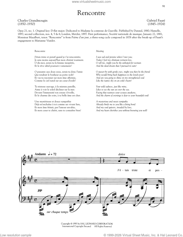Poeme D'Un Jour: Recontre (Low Voice) sheet music for voice and piano (Low Voice) by Gabriel Faure and Charles Grandmougin, classical score, intermediate skill level