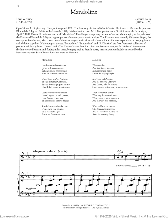 Cinq Melodies De Venise: Mandoline (High Voice) sheet music for voice and piano (High Voice) by Gabriel Faure and Paul Verlaine, classical score, intermediate skill level
