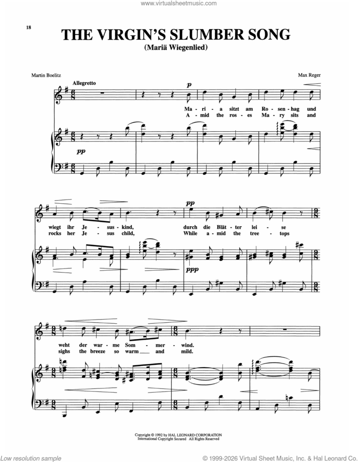 Maria Wiegenlied (The Virgin's Slumber Song) sheet music for voice and piano (High Voice) by Max Reger and Martin Boelitz, classical score, intermediate skill level