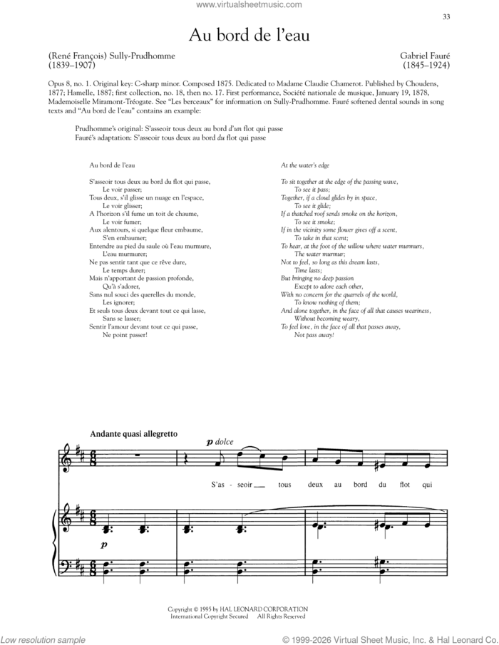 Au Bord De L'eau (Low Voice) sheet music for voice and piano (Low Voice) by Gabriel Faure and Sully-Prudhomme, classical score, intermediate skill level
