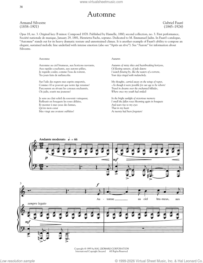 Automne (Low Voice) sheet music for voice and piano (Low Voice) by Gabriel Faure and Armand Silvestre, classical score, intermediate skill level
