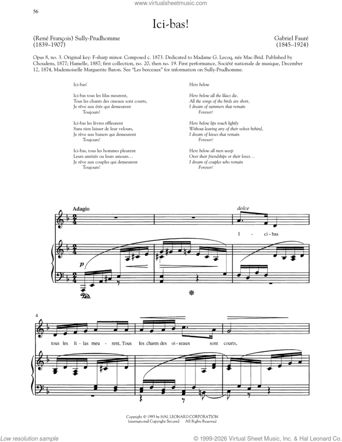 Ici-Bas (Low Voice) sheet music for voice and piano (Low Voice) by Gabriel Faure and Sully-Prudhomme, classical score, intermediate skill level