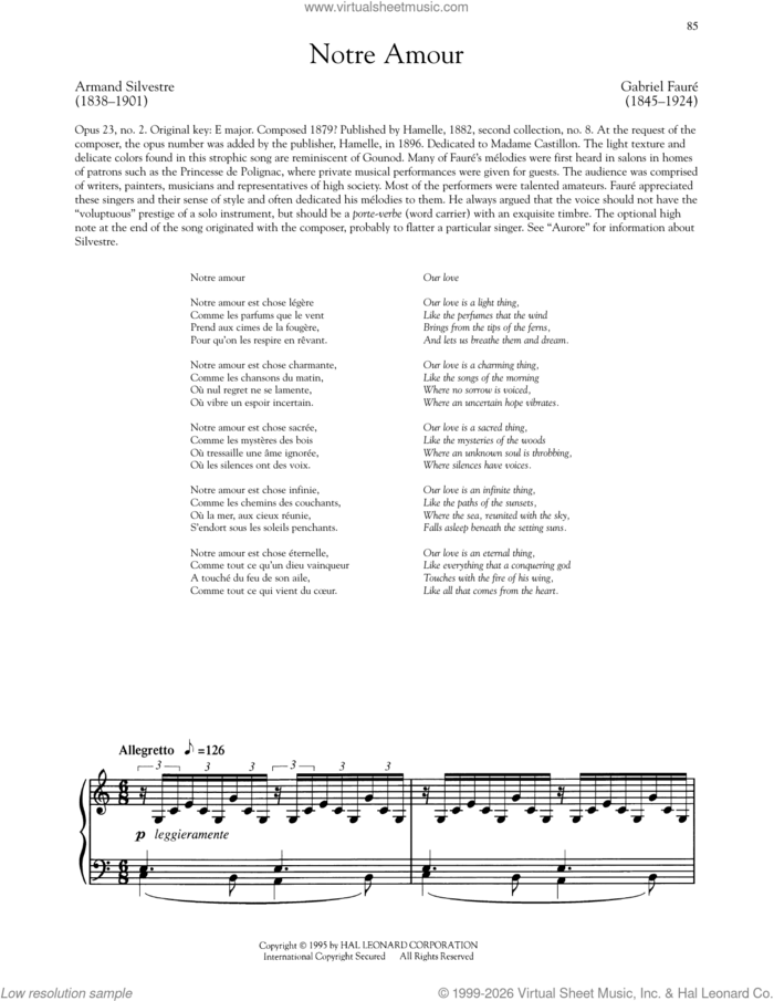 Notre Amour (Low Voice) sheet music for voice and piano (Low Voice) by Gabriel Faure and Armand Silvestre, classical score, intermediate skill level