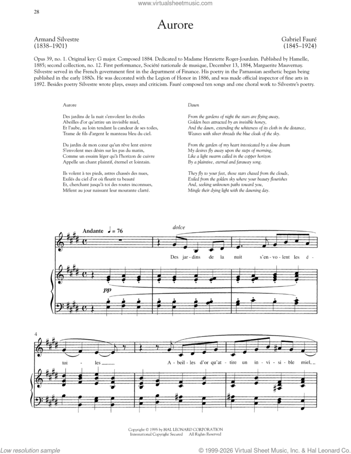 Aurore (Low Voice) sheet music for voice and piano (Low Voice) by Gabriel Faure and Armand Silvestre, classical score, intermediate skill level