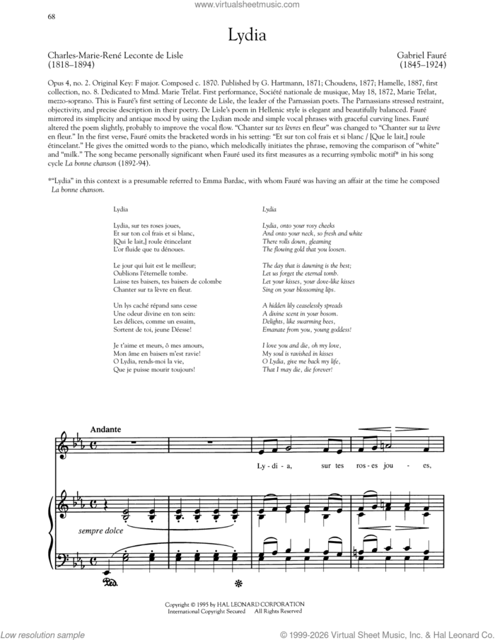 Lydia (Low Voice) sheet music for voice and piano (Low Voice) by Gabriel Faure and Leconte de Lisle, classical score, intermediate skill level