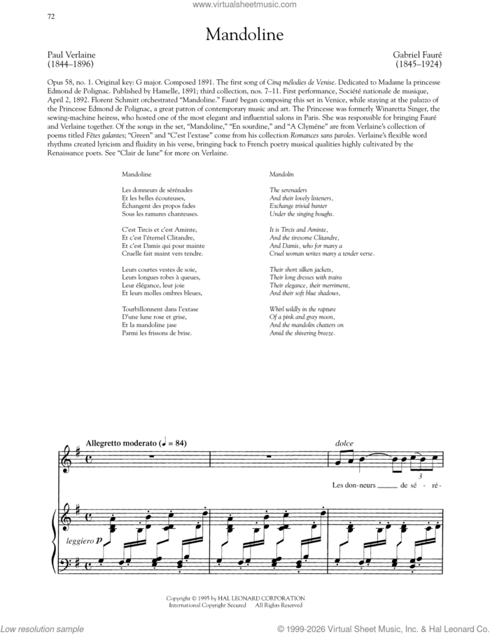 Cinq Melodies De Venise: Mandoline (Low Voice) sheet music for voice and piano (Low Voice) by Gabriel Faure and Paul Verlaine, classical score, intermediate skill level