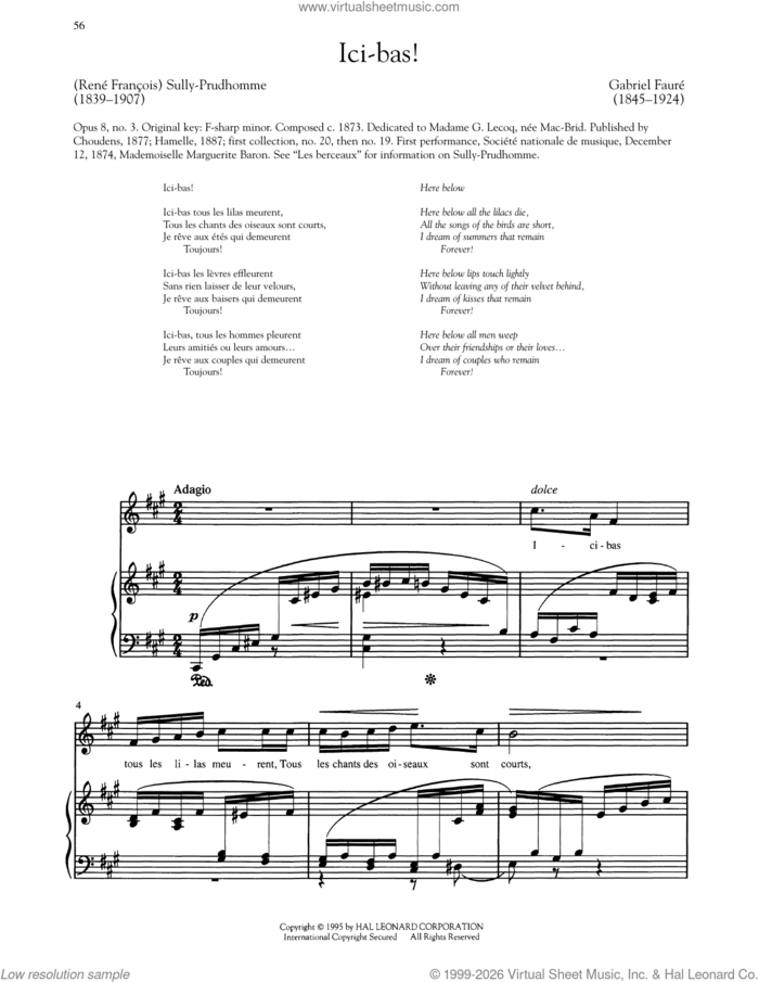 Ici-Bas (High Voice) sheet music for voice and piano (High Voice) by Gabriel Faure and Sully-Prudhomme, classical score, intermediate skill level