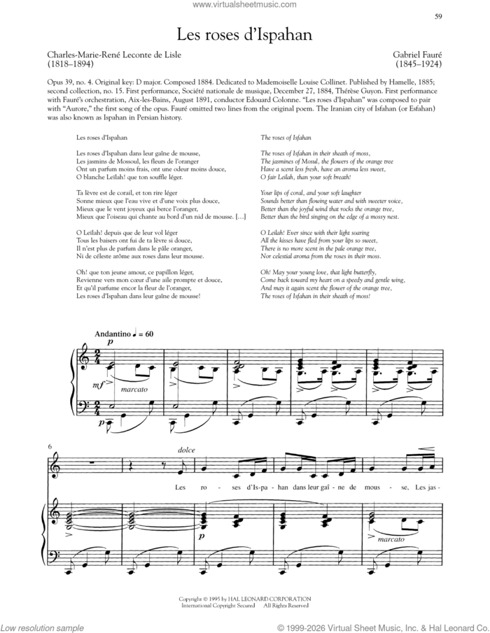 Les Roses D'Ispahan (Low Voice) sheet music for voice and piano (Low Voice) by Gabriel Faure and Leconte de Lisle, classical score, intermediate skill level