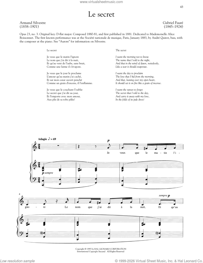 Le Secret (Low Voice) sheet music for voice and piano (Low Voice) by Gabriel Faure and Armand Silvestre, classical score, intermediate skill level
