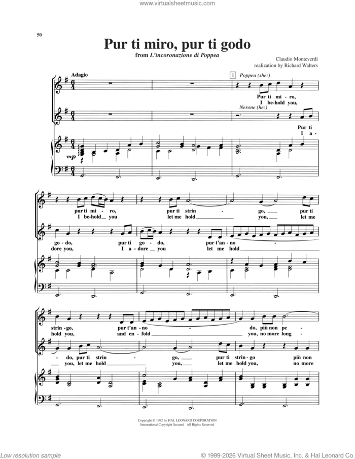 Pur ti miro, pur ti godo sheet music for voice and piano (Low Voice) by Claudio Monteverdi and Richard Walters, classical wedding score, intermediate skill level