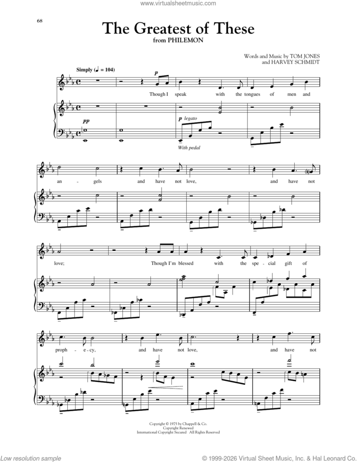 The Greatest Of These (from Philemon) sheet music for voice and piano (High Voice) by Harvey Schmidt, Richard Walters and Tom Jones, wedding score, intermediate skill level