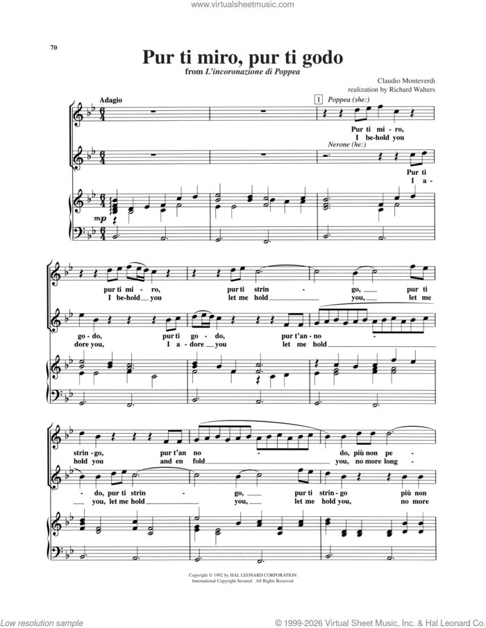 Pur ti miro, pur ti godo sheet music for voice and piano (High Voice) by Claudio Monteverdi and Richard Walters, classical wedding score, intermediate skill level