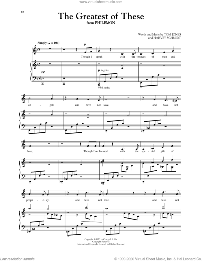 The Greatest Of These (from Philemon) sheet music for voice and piano (Low Voice) by Harvey Schmidt, Richard Walters and Tom Jones, wedding score, intermediate skill level