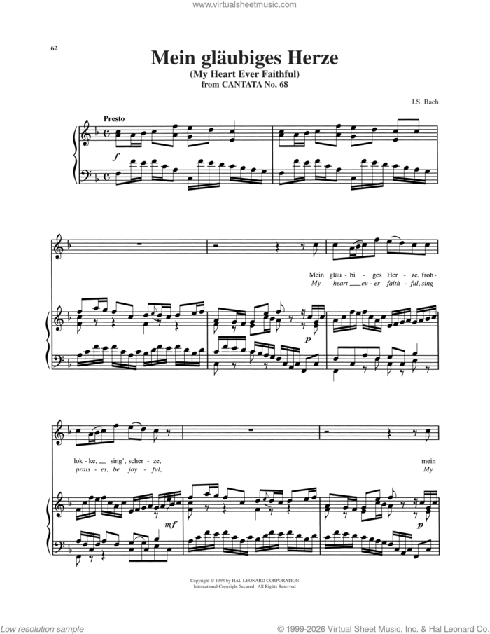 Mein Glaubiges Herze sheet music for voice and piano (High Voice) by Johann Sebastian Bach and Richard Walters, classical score, intermediate skill level