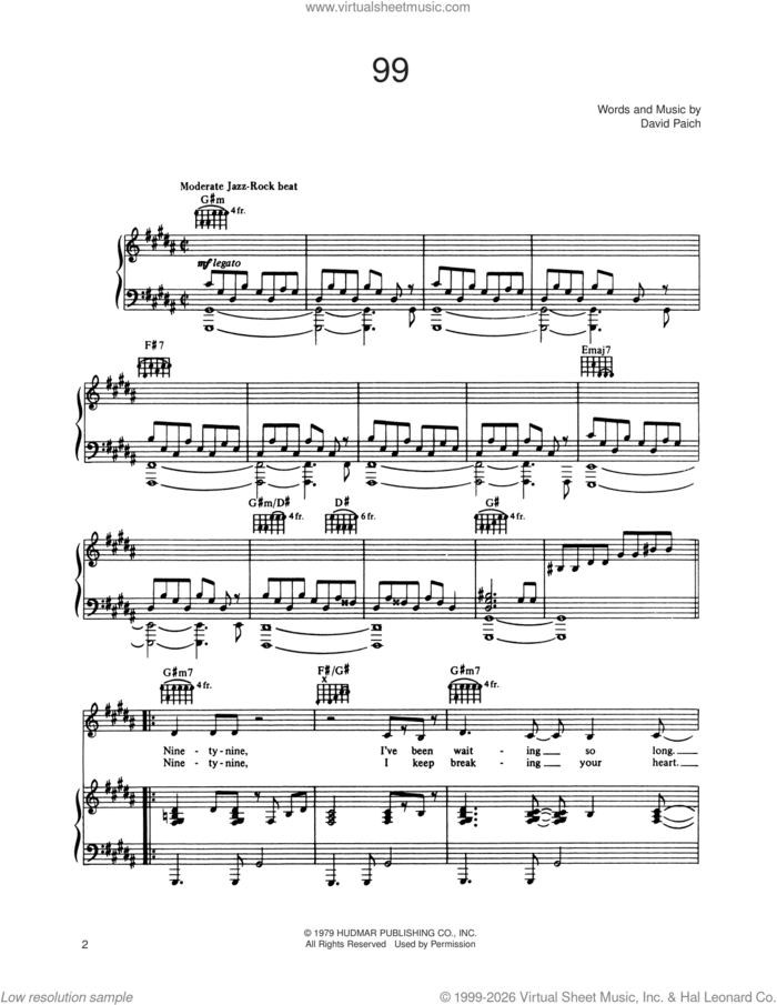 99 sheet music for voice, piano or guitar by Toto and David Paich, intermediate skill level