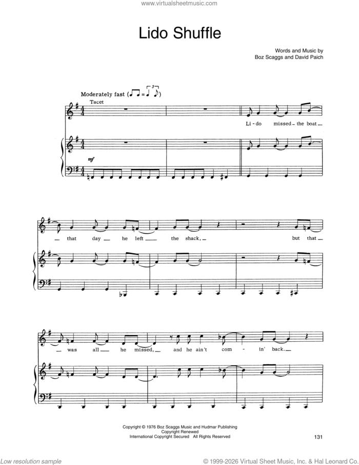 Lido Shuffle sheet music for voice, piano or guitar by Boz Scaggs and David Paich, intermediate skill level