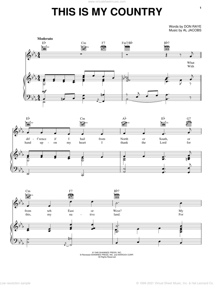 This Is My Country sheet music for voice, piano or guitar by Tennessee Ernie Ford, Al Jacobs and Don Raye, intermediate skill level