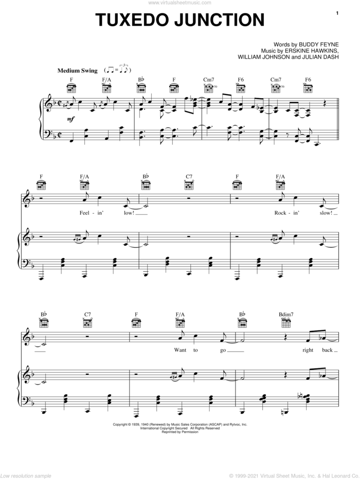 Tuxedo Junction sheet music for voice, piano or guitar by Glenn Miller, Harry James, Buddy Feyne, Erskine Hawkins, Julian Dash and William Johnson, intermediate skill level