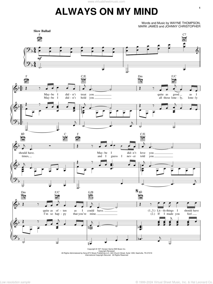 Always On My Mind sheet music for voice, piano or guitar by Elvis Presley, The Pet Shop Boys, Willie Nelson, Johnny Christopher, Mark James and Wayne Thompson, intermediate skill level