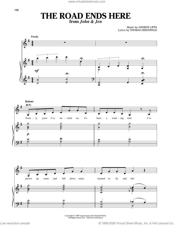 The Road Ends Here (from John and Jen) sheet music for voice and piano by Andrew Lippa, Richard Walters and Thomas Greenwald, intermediate skill level