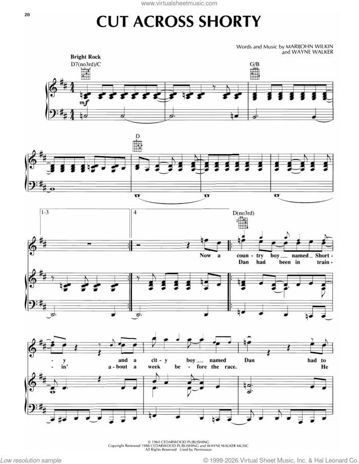 Cut Across, Shorty sheet music for voice, piano or guitar by Eddie Cochran, Marijohn Wilkin and Wayne Walker, intermediate skill level