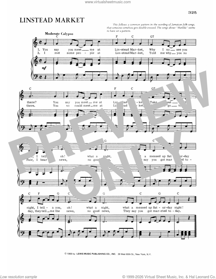 Linstead Market sheet music for voice, piano or guitar, intermediate skill level