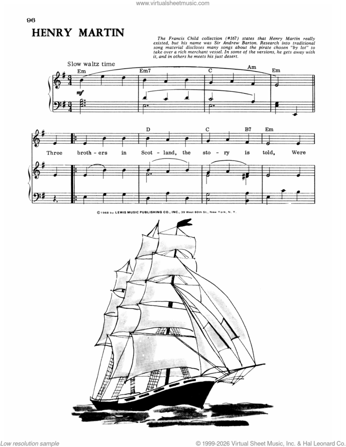 Henry Martin sheet music for voice, piano or guitar, intermediate skill level