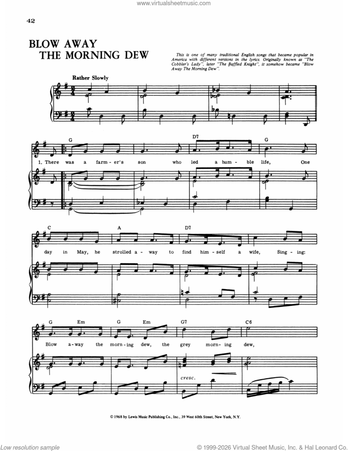 Blow Away The Morning Dew sheet music for voice, piano or guitar, intermediate skill level